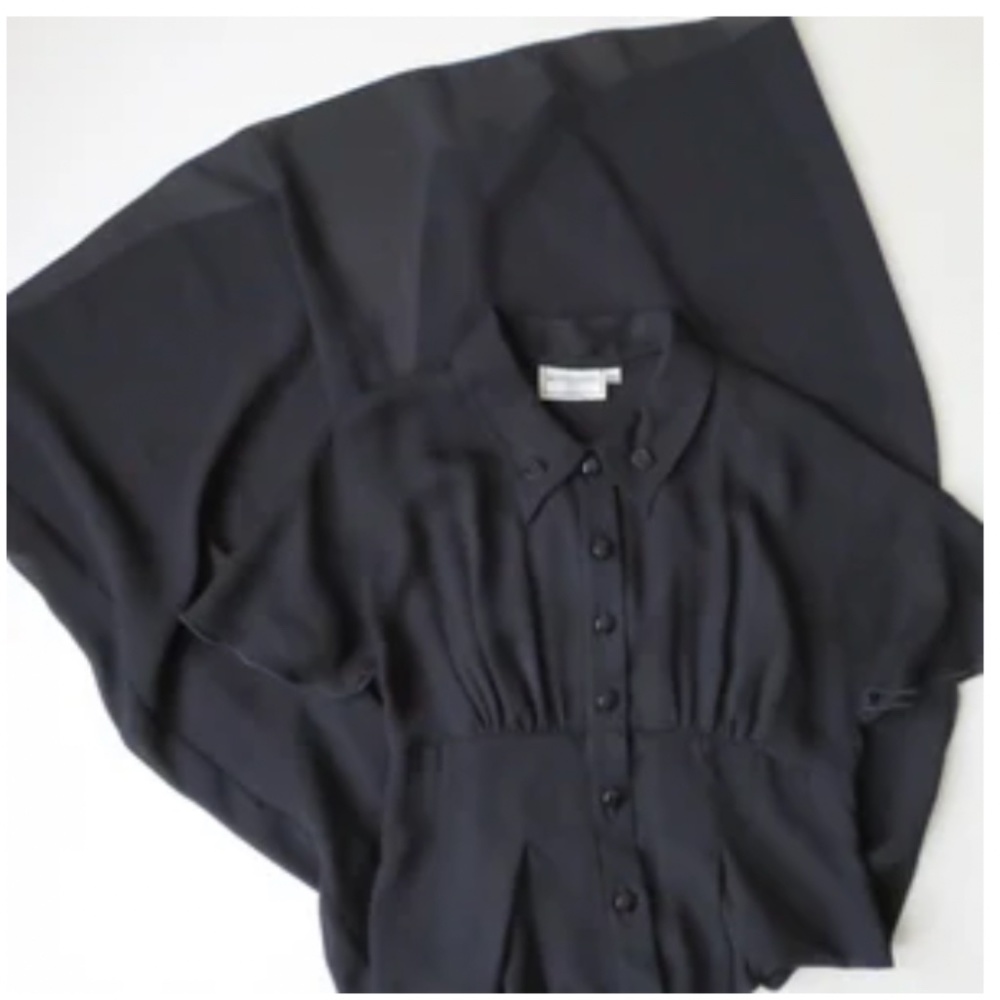 vintage black sheer maxi dress with button front & flutter sleeves,